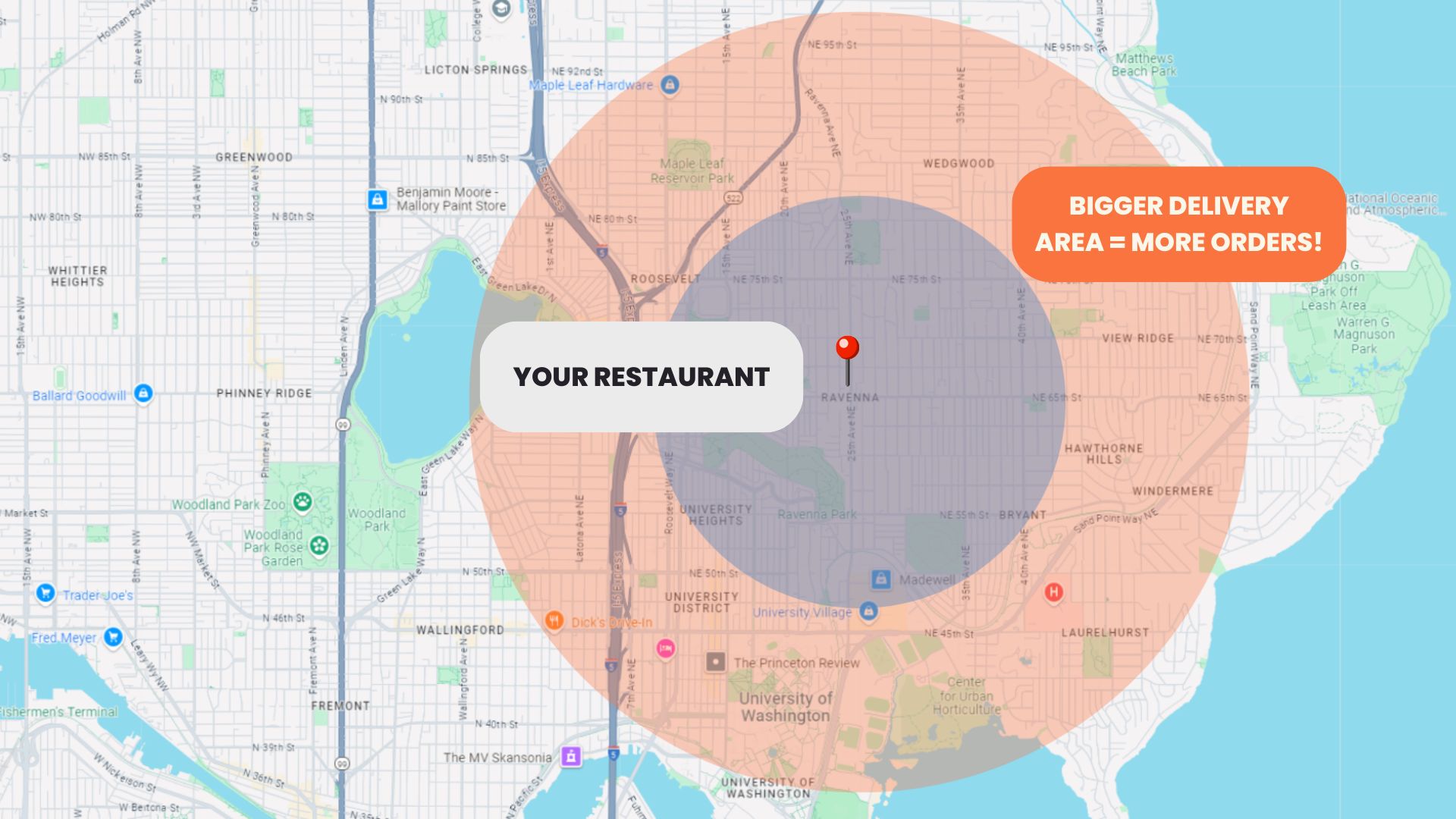 Map showing extended delivery radius with Octopus Genie compared to traditional delivery services